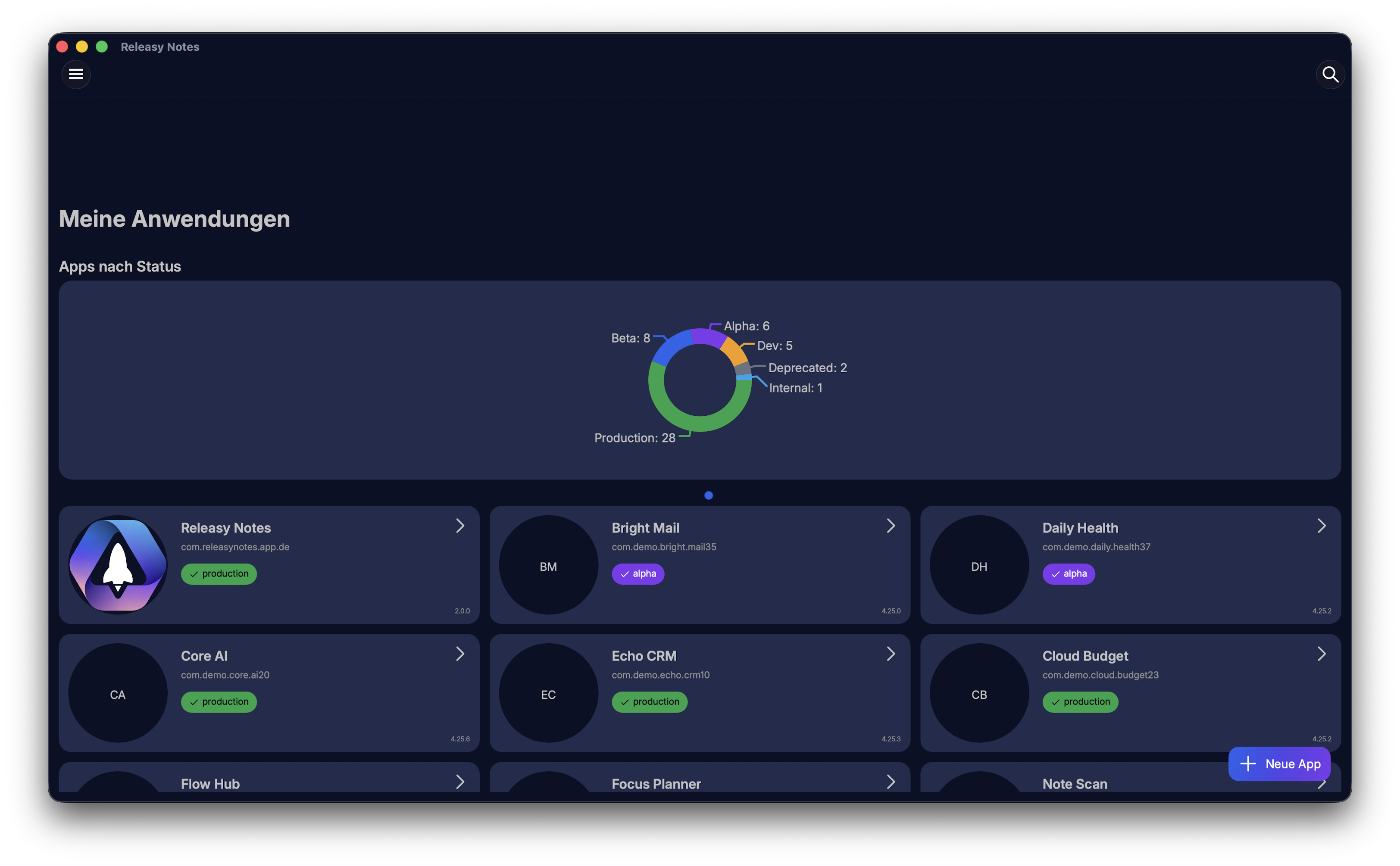 ReleasyNotes App-Übersicht