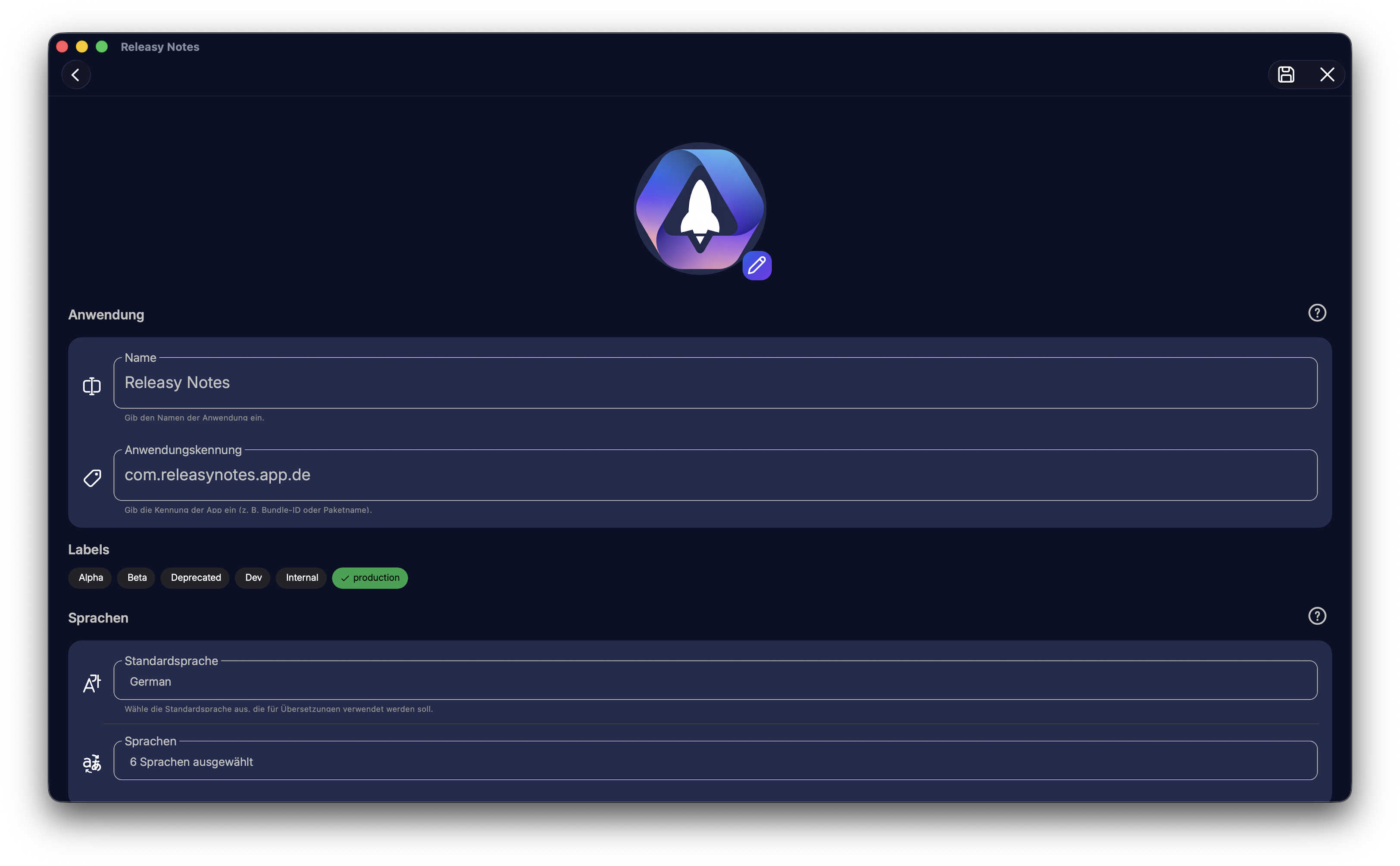Eine neue App in ReleasyNotes erstellen
