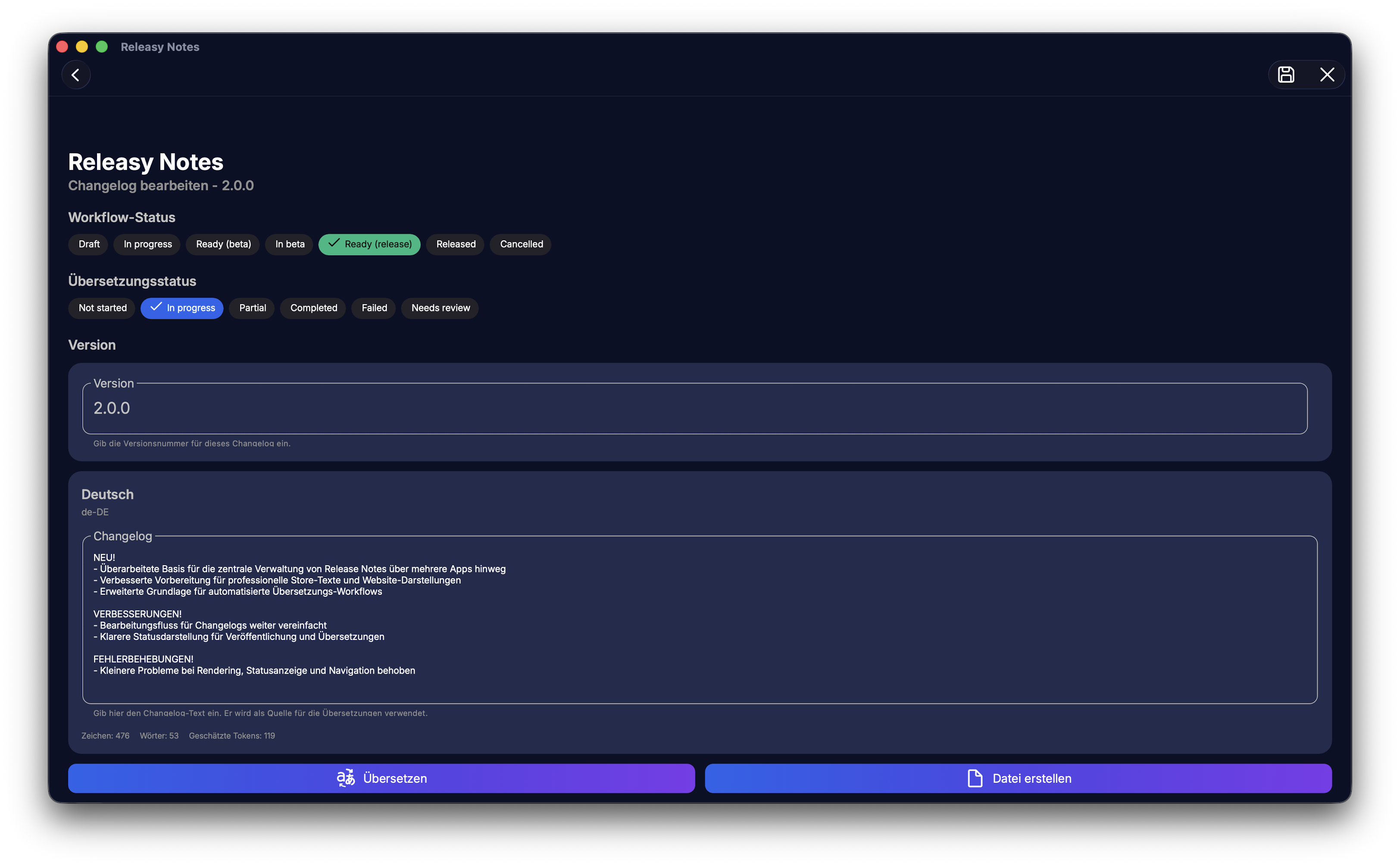 Einen Changelog in ReleasyNotes bearbeiten