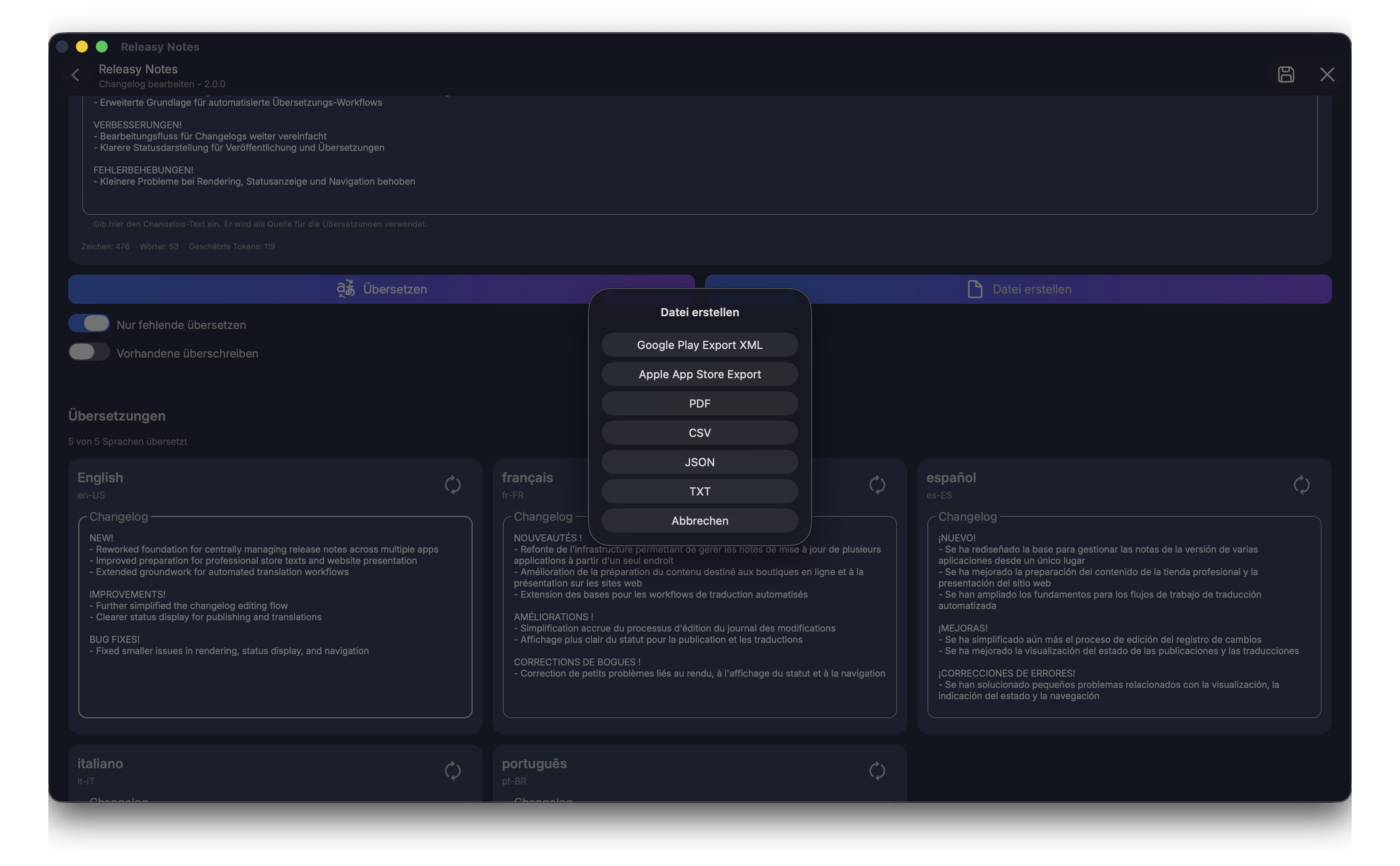 Release Notes übersetzen und exportieren